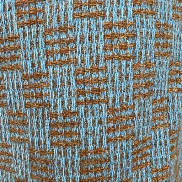 Vintage Checkerboard Plaid Tweed Double Breasted Wool Coat Blue Tan Satin Lined - Picture 8 of 16